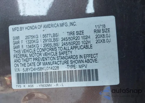 2019 Acura Mdx Tech Pkg z USA, uszkodzony, nr VIN 5J8YD4H58KL014228